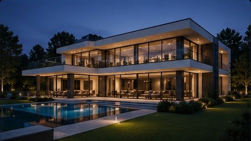 Luxury automated residence at night